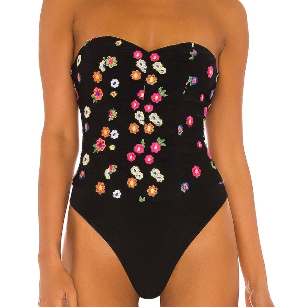 NWOT Lovers and Friends XS Strapless Bodysuit Top Sweetheart Black and Floral